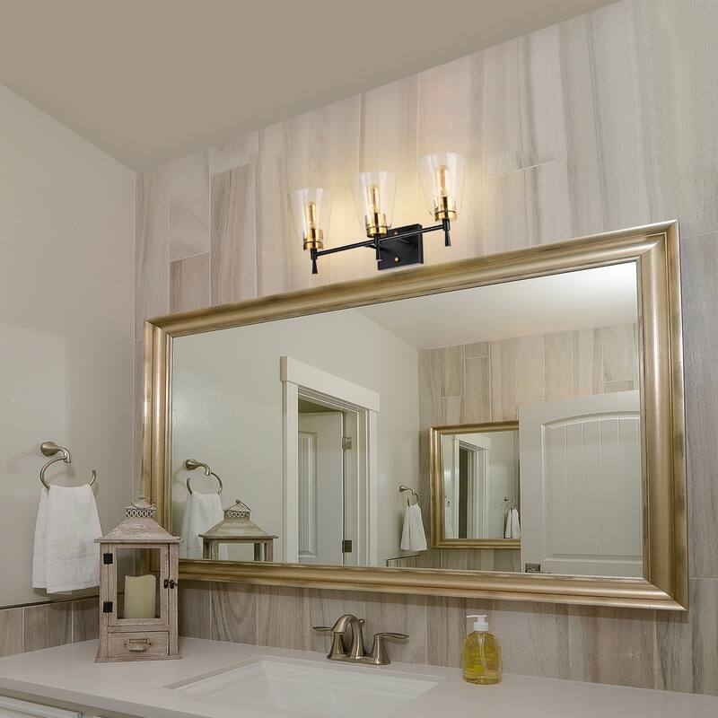 Black and Antique Brass 3-Light Vanity Light with Clear Cone Glass Shades