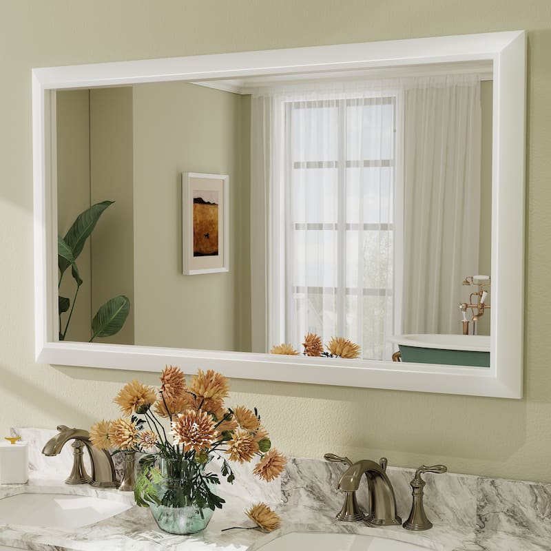 Beveled Metal Rectangle Framed Bathroom Vanity Tempered Glass Mirrors - 50" x 30" - White