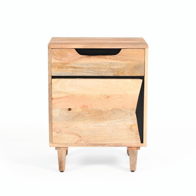 Solid Mango Wood Nightstand - Natural Finish with Drawer & Cabinet
