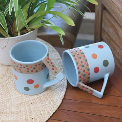 Novica Handmade Rainbow Dots Ceramic Mugs (Pair)