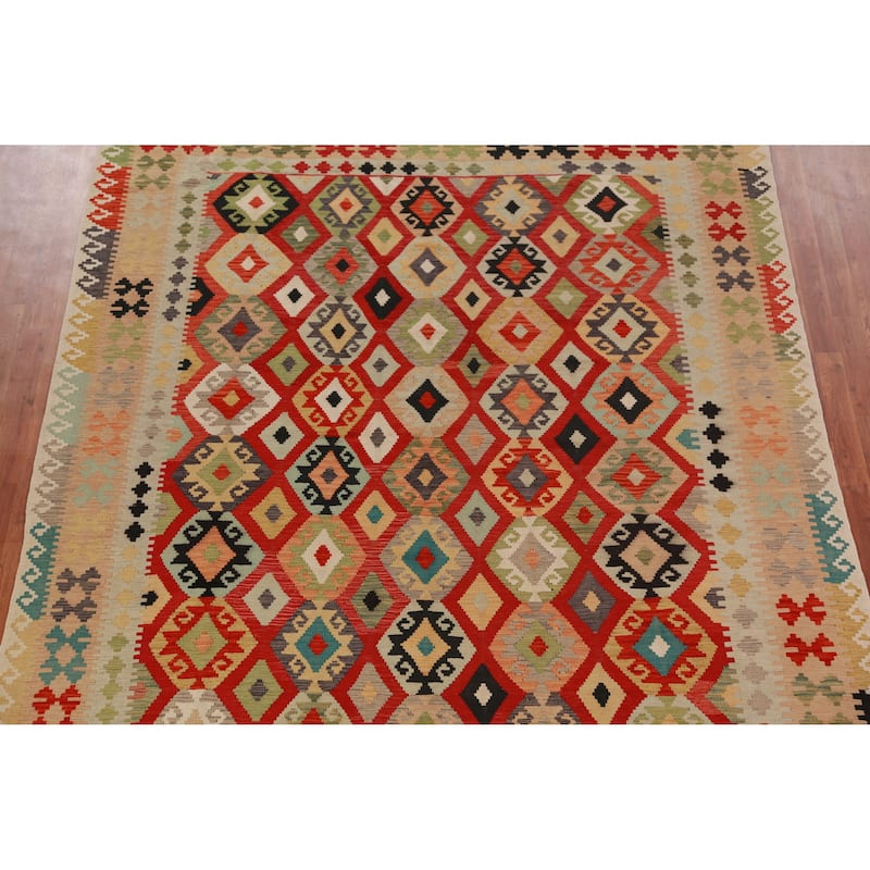 Geometric Kilim Oriental Area Rug Hand-Woven Tribal Wool Carpet - 8'0"x 11'3"