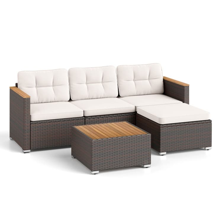 5 Piece Mix Brown Rattan Metal Outdoor Sofa Conversation Set with Off-White Cushions and Wood Table - Off White-Mix Brown