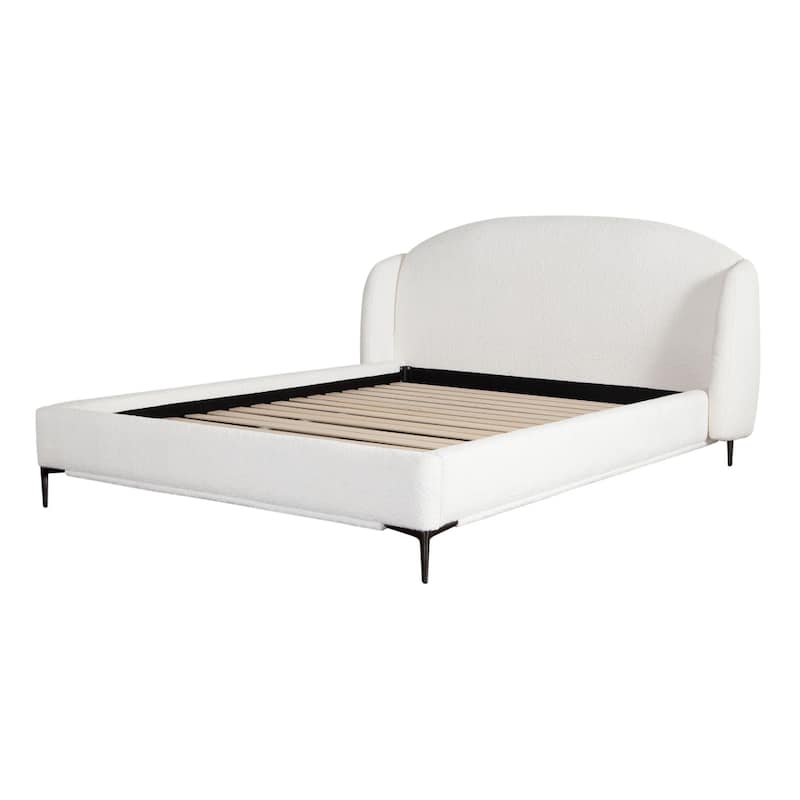 Peli Queen Size Bed, Low Profile Curved Back Ivory Faux Shearling Upholstery
