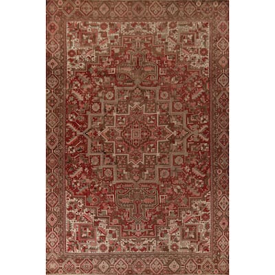 Red Geometric Heriz Persian Vintage Rug Handmade Oriental Wool Carpet - 9'10"x 13'3"