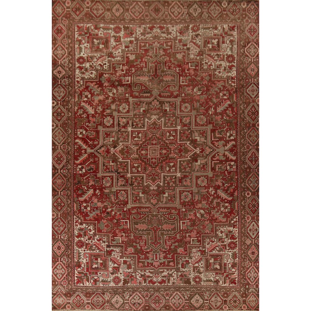 Red Geometric Heriz Persian Vintage Rug Handmade Oriental Wool Carpet - 9'10"x 13'3"