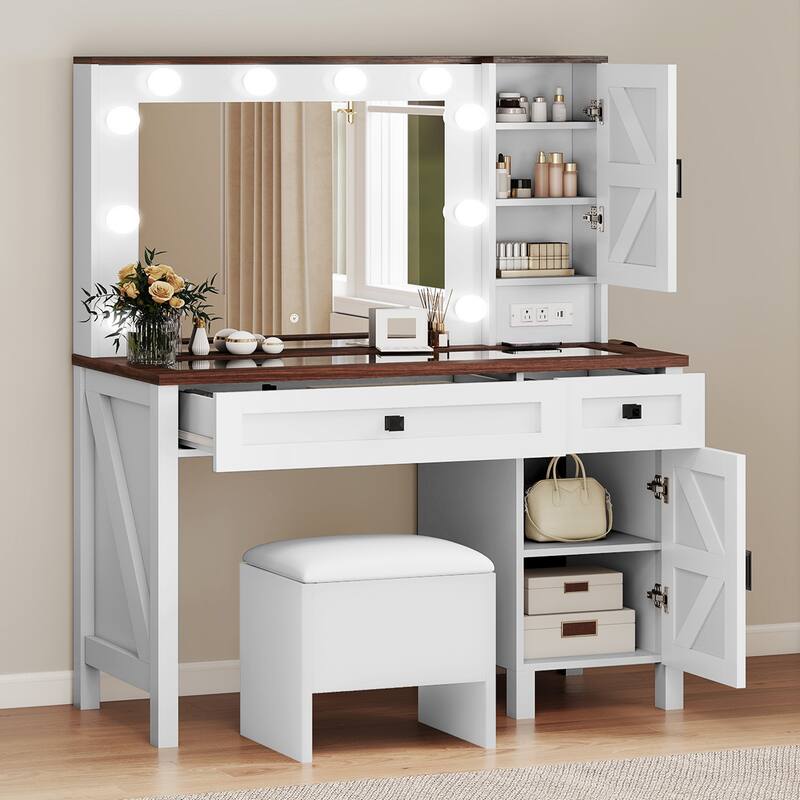 Moasis Farmhouse Makeup Vanity Desk Set with Mirror and Lights, Charging Station and Storage Stool