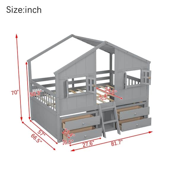 Full Size House Loft Bed with 4 Drawers with Safety Guardrails and Ladder