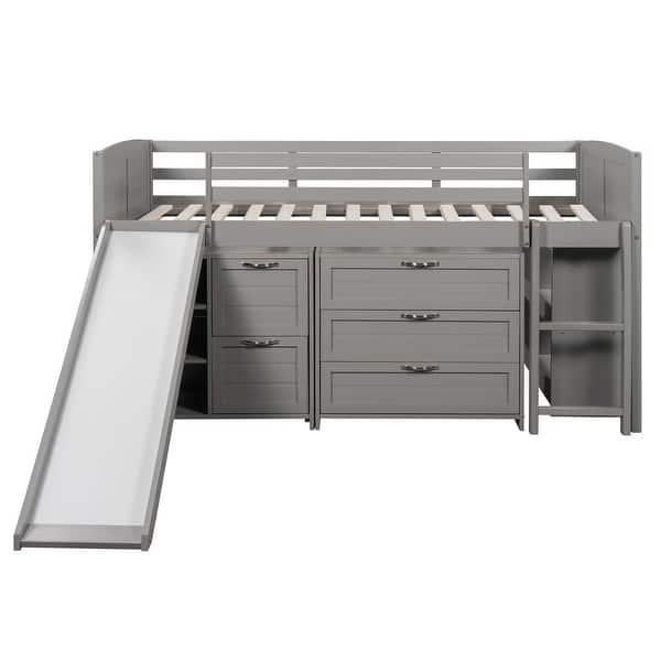 slide 2 of 60, Twin Low Loft Bed with Slide, Drawers & Guardrails - Sturdy Wood Frame Gray