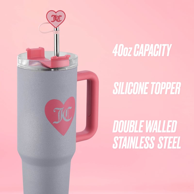Juicy Couture Jetsetter Hydration Stainless Steel Tumbler with Handle and Straw With Topper