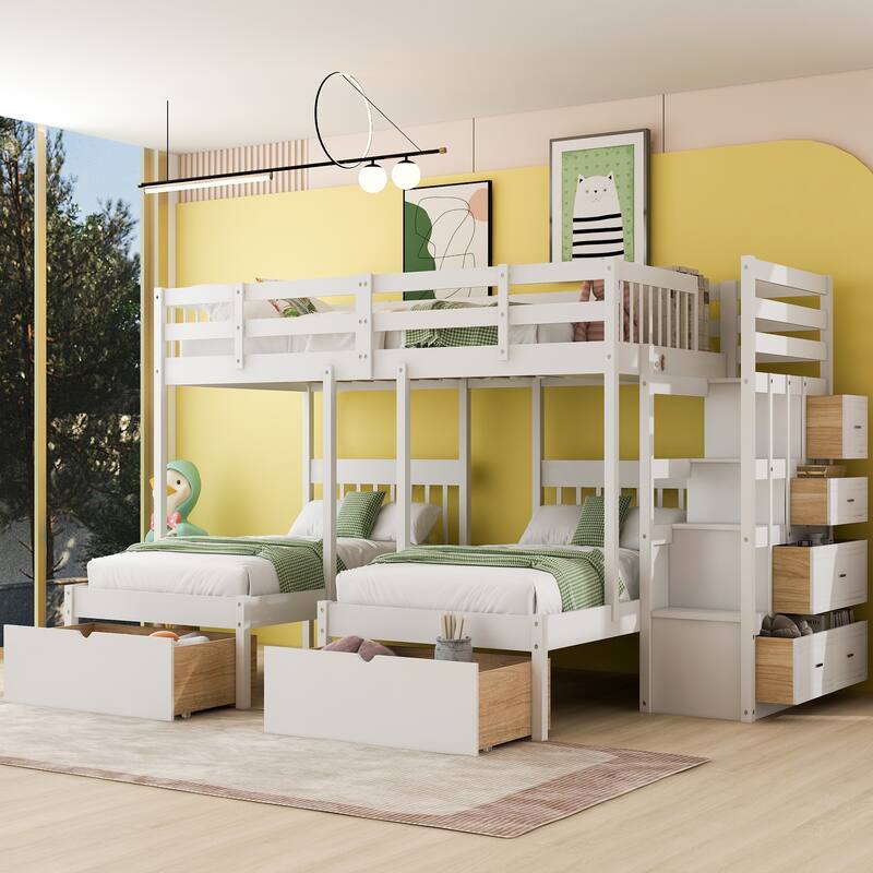 Roomfitters Full Over Twin and Twin Triple Bunk Bed with Storage Drawers, Staircase, White