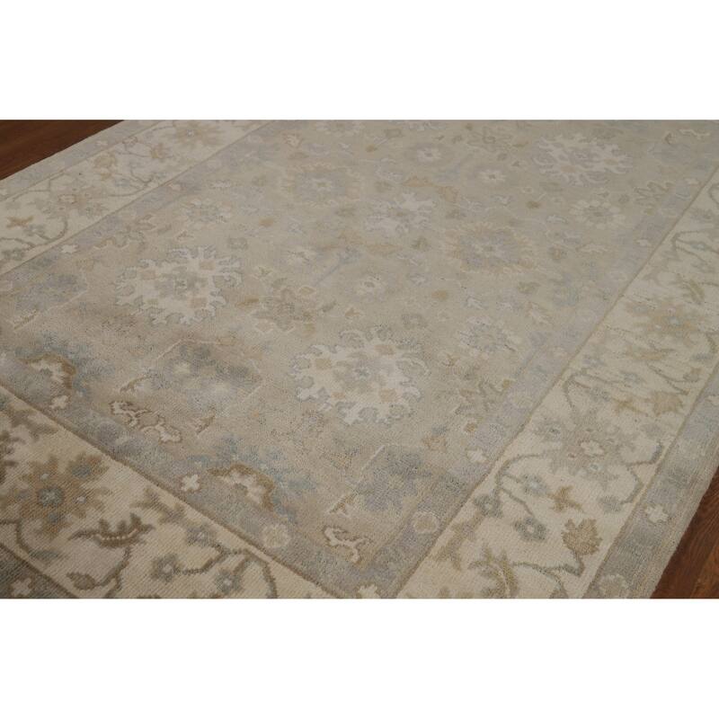 Transitional Beige Oushak Indian Area Rug Hand-Knotted Wool Carpet - 6'2" x 8'11"
