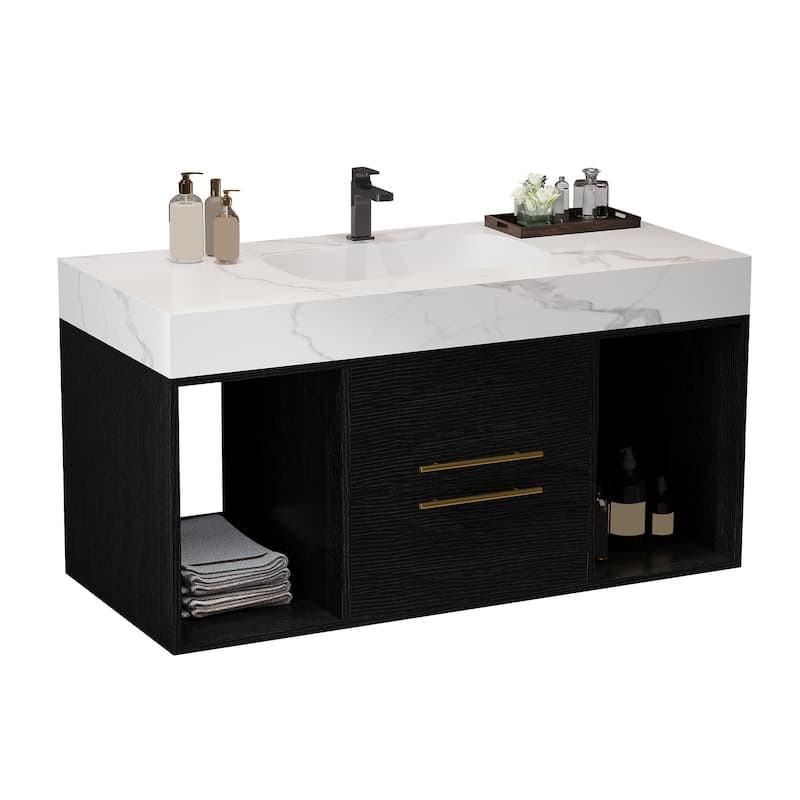 GDFStudio - Modern 39.4" Wall Mounted Floating Sintered Stone Bathroom Vanity with Seamless Ceramic Sink & Soft-Close Drawers