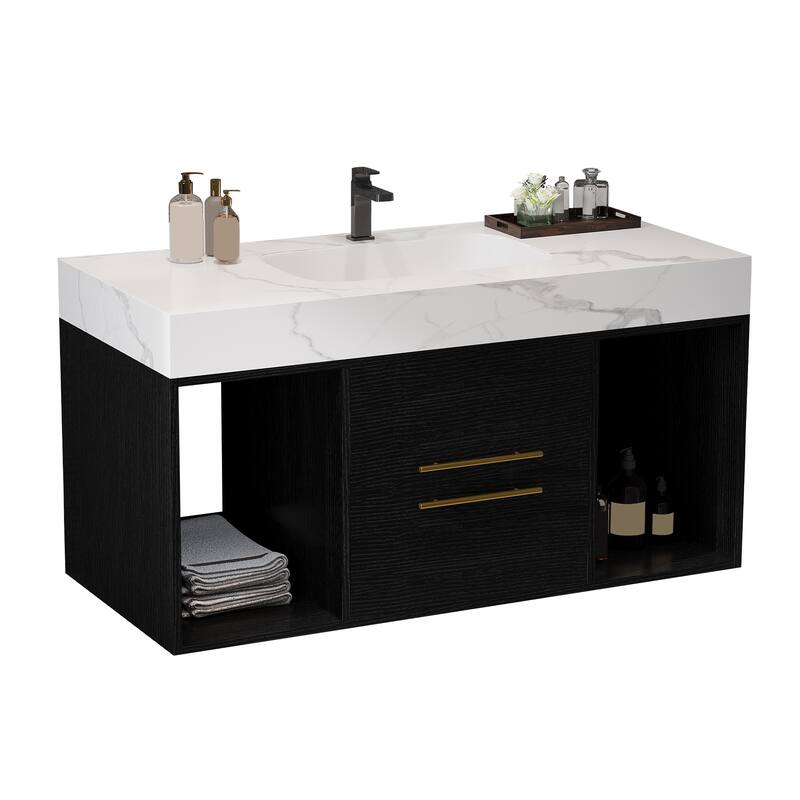 Modern Wall Mounted Bathroom Vanity Floating Storage Cabinet with Ceramic Sink, Faux Marble Countertop, Drawers and Open Shelves