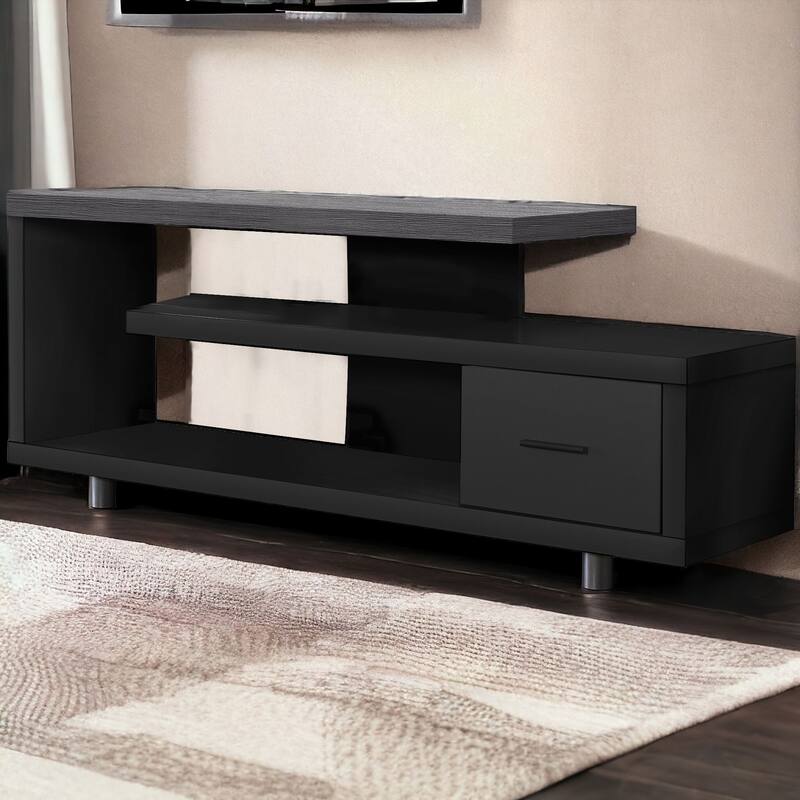 16 Black-Grey Particle Board Open Shelves TV Stand Cabinet with One Storage Drawer - 60”L x 15.75”W x 24”H