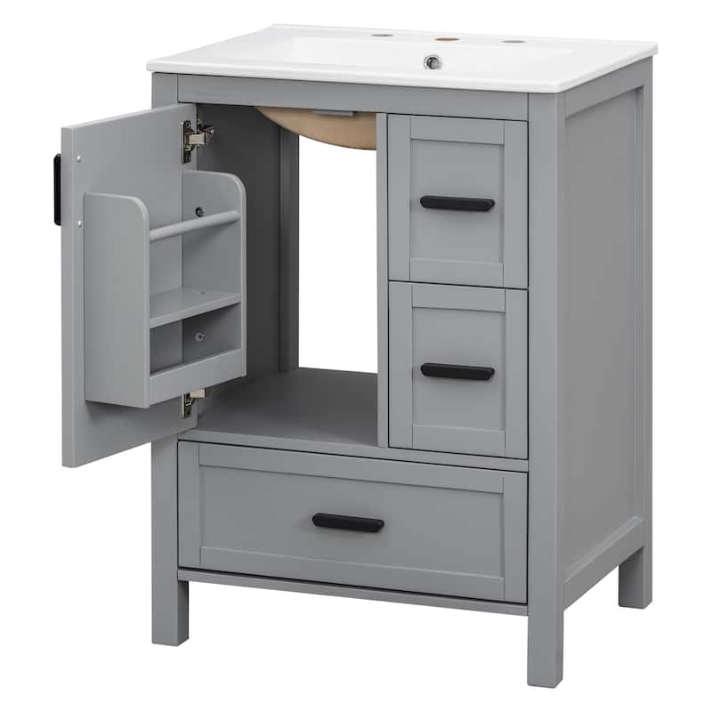 Modern 24-inch Bathroom Vanity with Ceramic Sink, Soft-Close Door, Double-Layer Door Shelf, and 3 Drawers