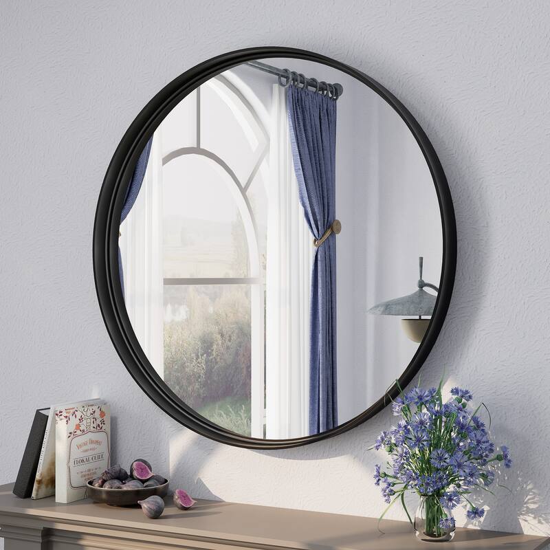 Round Tempered Glass and Metal Framed French Cleat Mounted Wall Bathroom / Vanity Mirror - 30" x 30" - Black