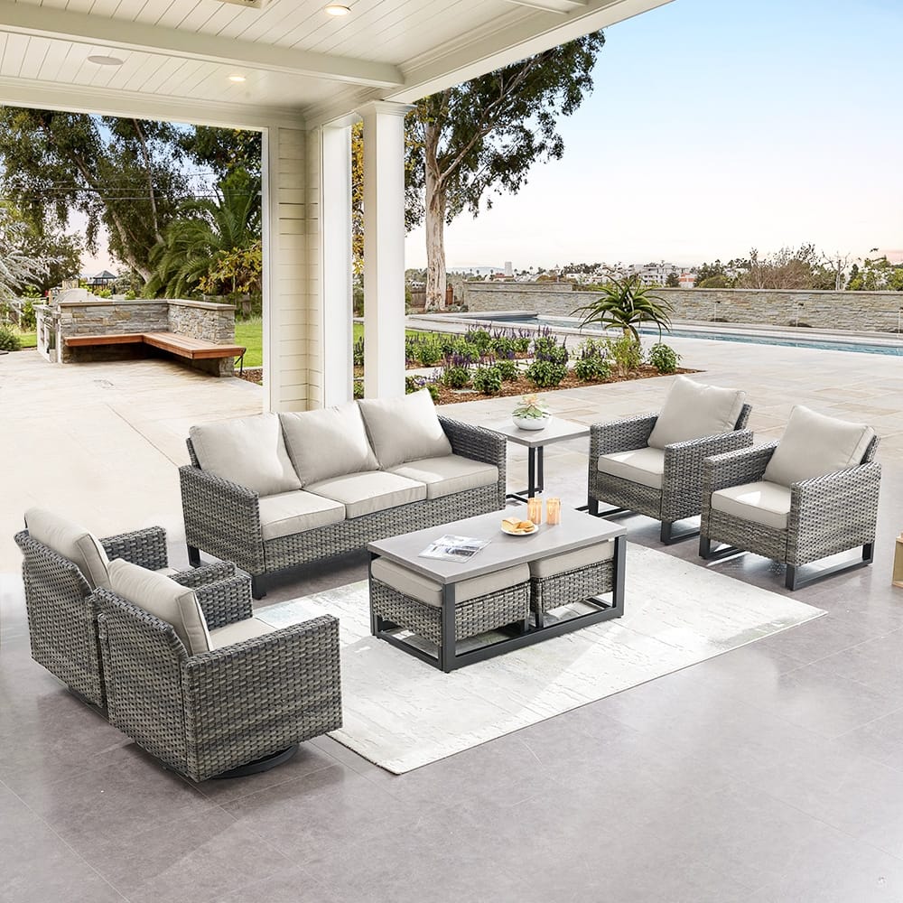 Gymojoy PE Wicker Sofa Rocking Chair Ottoman Set of 9 Weather-resistance