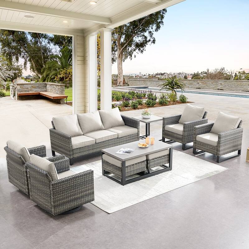 Gymojoy PE Wicker Sofa Rocking Chair Ottoman Set of 9 Weather-resistance - Grey - Beige