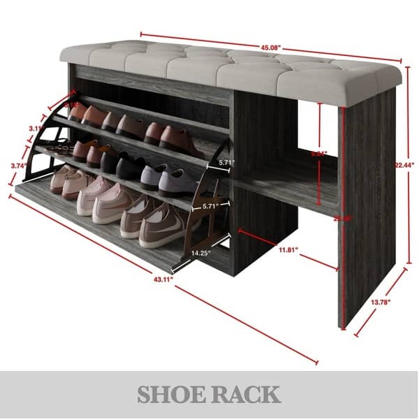 dimension image slide 2 of 3, CraftPorch Multifunctional Flip-Drawer Storage Shoes Bench