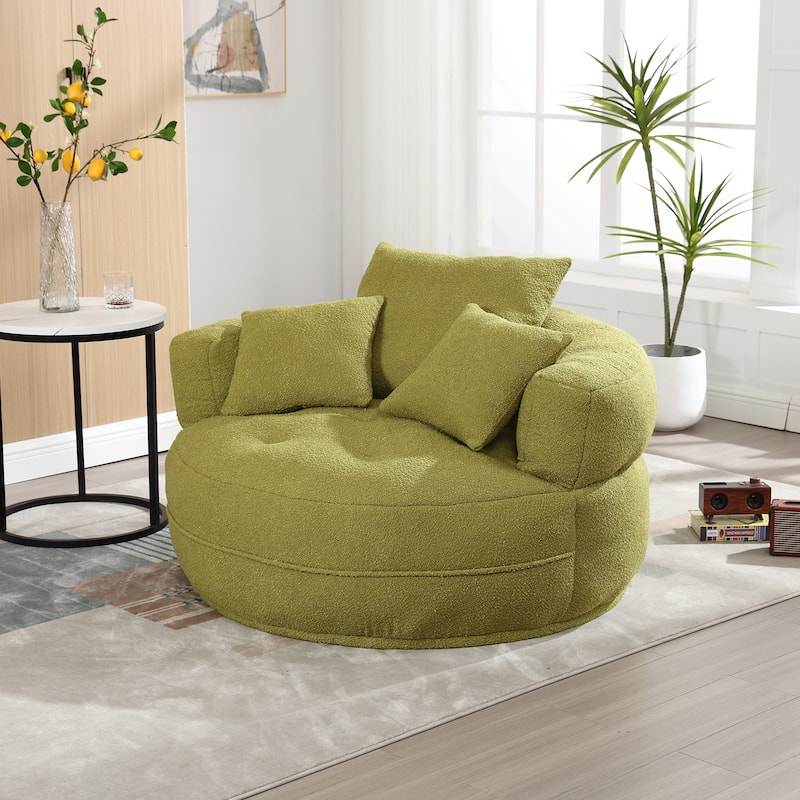 Boucle Upholstered Tufted Barrel Accent Living Room Chair With Toss Pillows