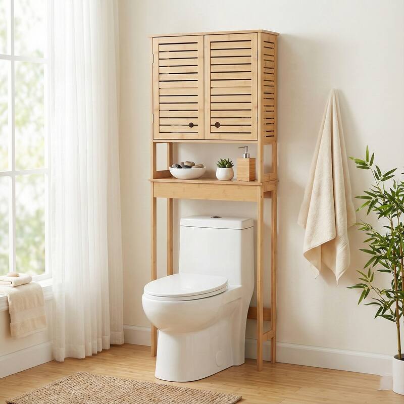 Over The Toilet Storage Cabinet with Double Vented Doors and Open Shelf, Natural - Trinidad Collection