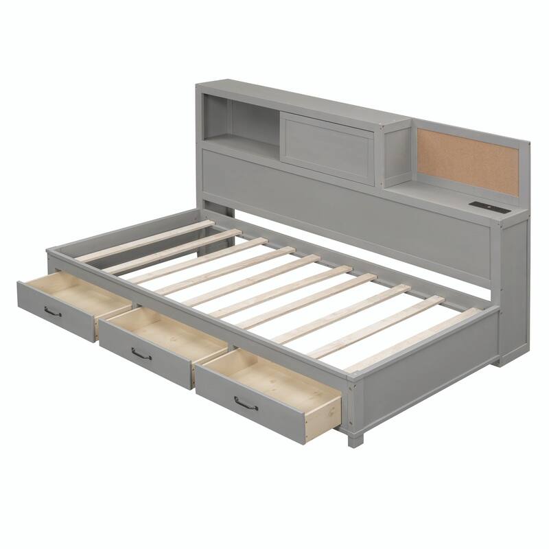 Wooden Daybed with Storage Drawers, Soft Board, Shelf, Sockets, USB Ports