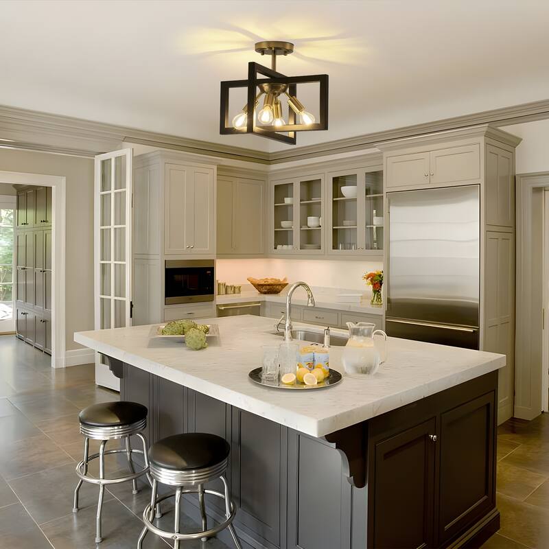 4-Light Farmhouse Semi-Flush Mount Light with Rustic Accent Square Cage for Dining Room