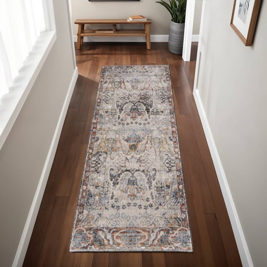 HomeRoots Ikat Bohemian Runner Area Rug - 87.00 in. x 30.00 in. x 0.47 in.