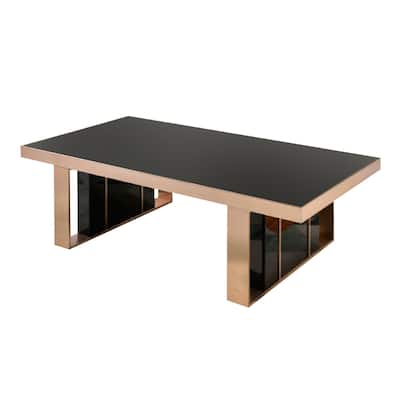 Noe 55 Inch Modern Glass Coffee Table, Rose Gold Trim, Black