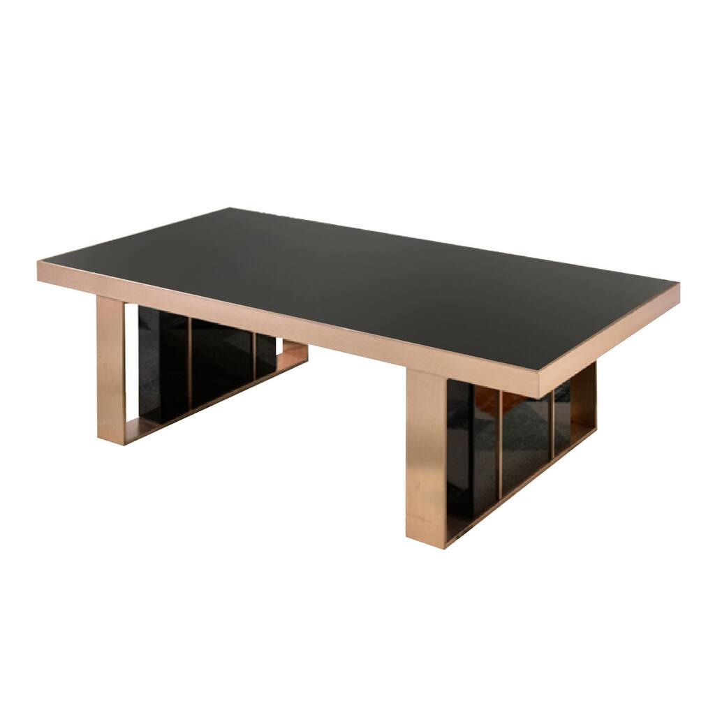 Noe 55 Inch Modern Glass Coffee Table, Rose Gold Trim, Black
