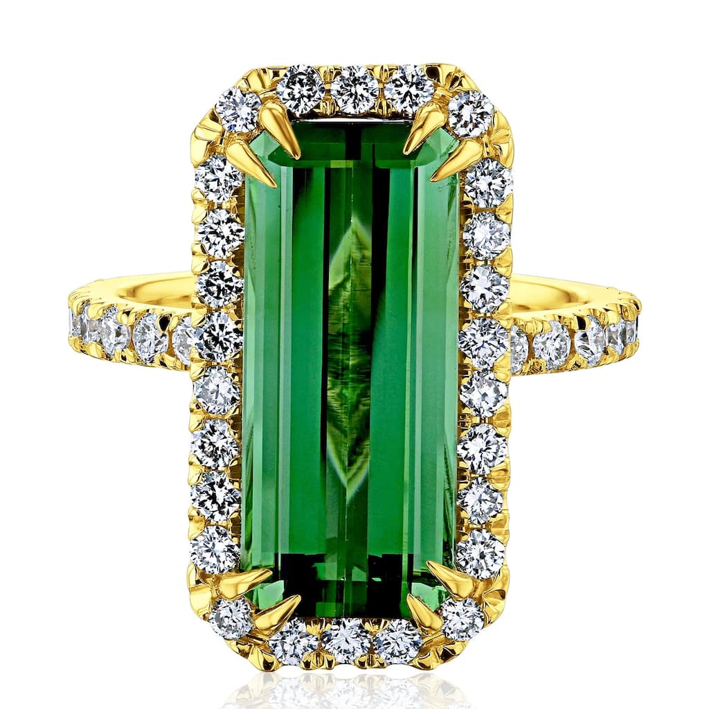 Kobelli 9.22 Carat Tourmaline & White Diamond 14k Solid Gold Extra Elongated Emerald-cut Halo Tall Ring