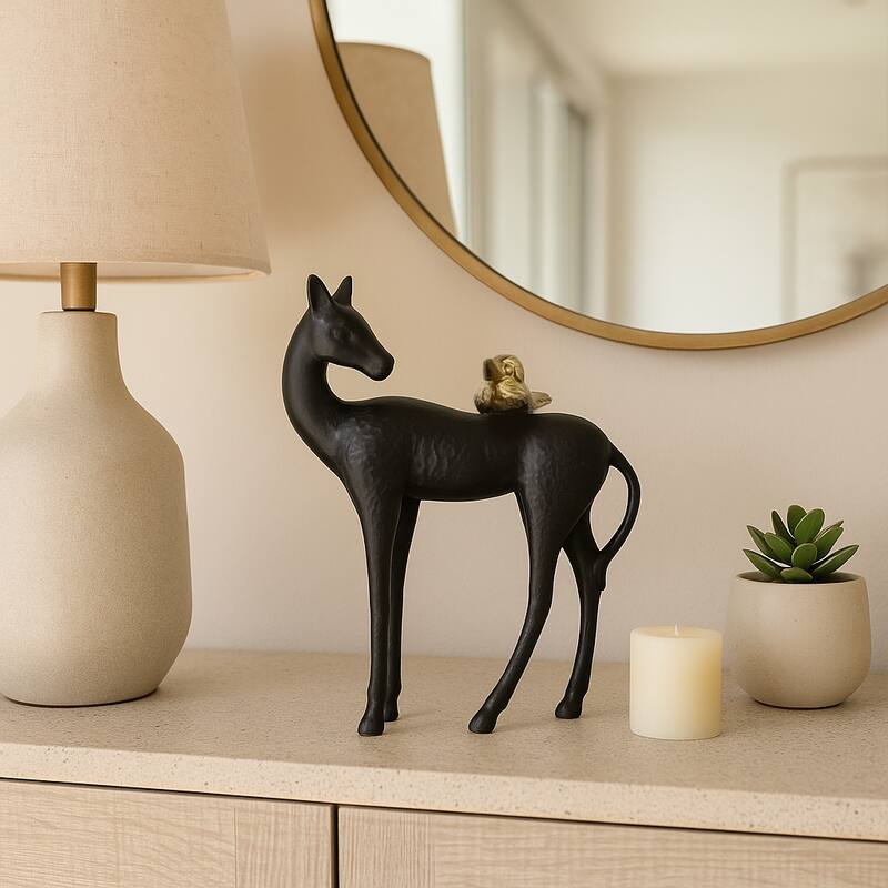 Metal Figurine Decor Modern Deer with Bird Accent Finish - Black - 11.0"