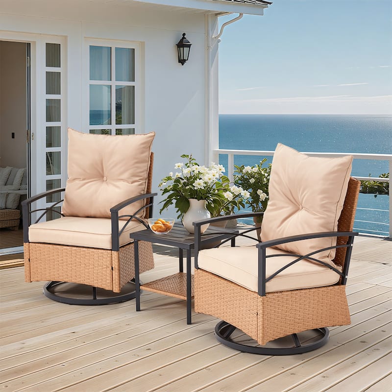 EROMMY 3-Piece Outdoor Rocking/Swivel Chair Set - PE Rattan Patio Furniture with Cushions & Coffee Table, Rocker Chairs - Swivel Chair - Beige