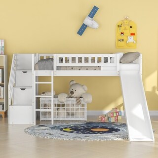 Multifunctional and Fun Design Loft Bed with Slide, Stairway and Guardrails,Twin Size, White
