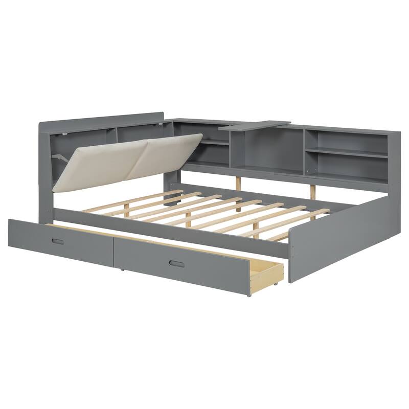 Wood Platform Bed with Storage Headboard, Shelves and 2 Drawers