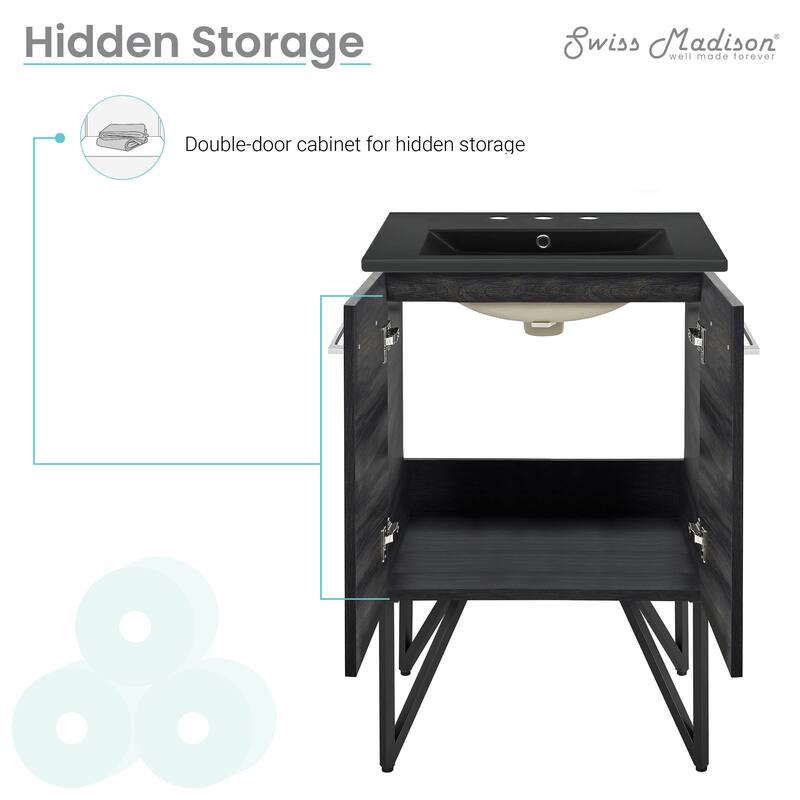 Annecy 24 In. Black Walnut Bathroom Vanity With Black, 3-Hole Ceramic Sink Top