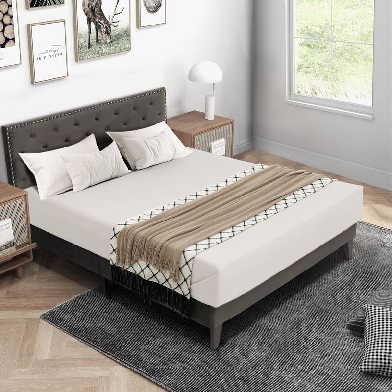 Costway Bed Frame Upholstered Platform Bed with Tufted Headboard