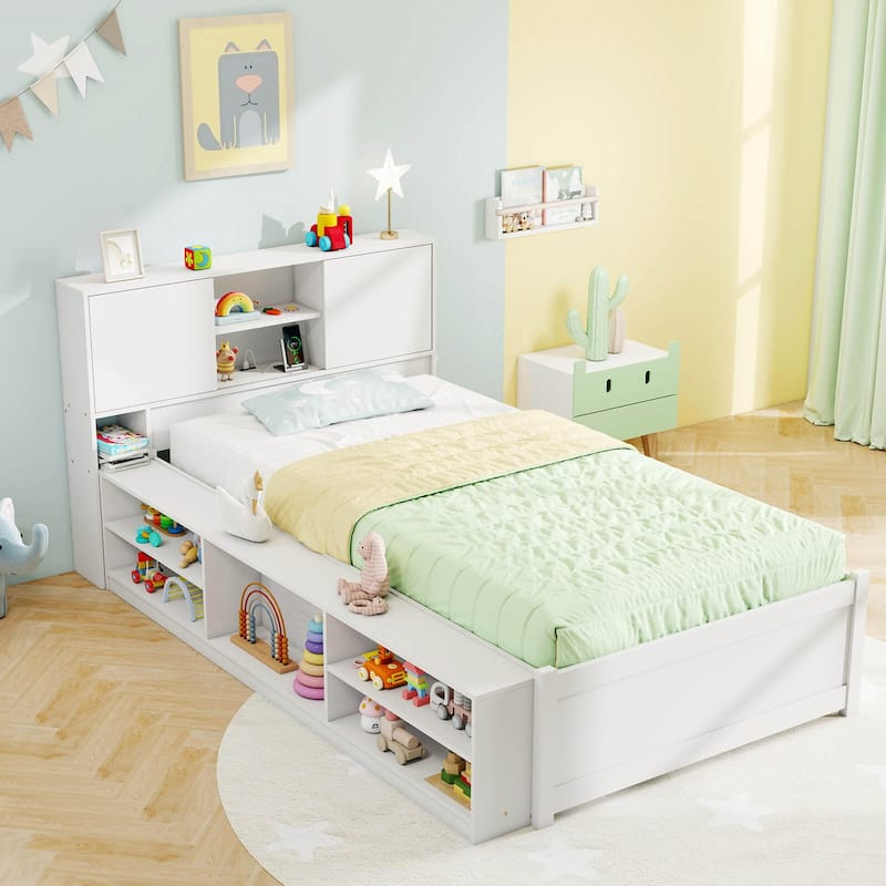 Costway Twin Size Bed Frame with Trundle & Power Outlet Bookcase - White - Twin