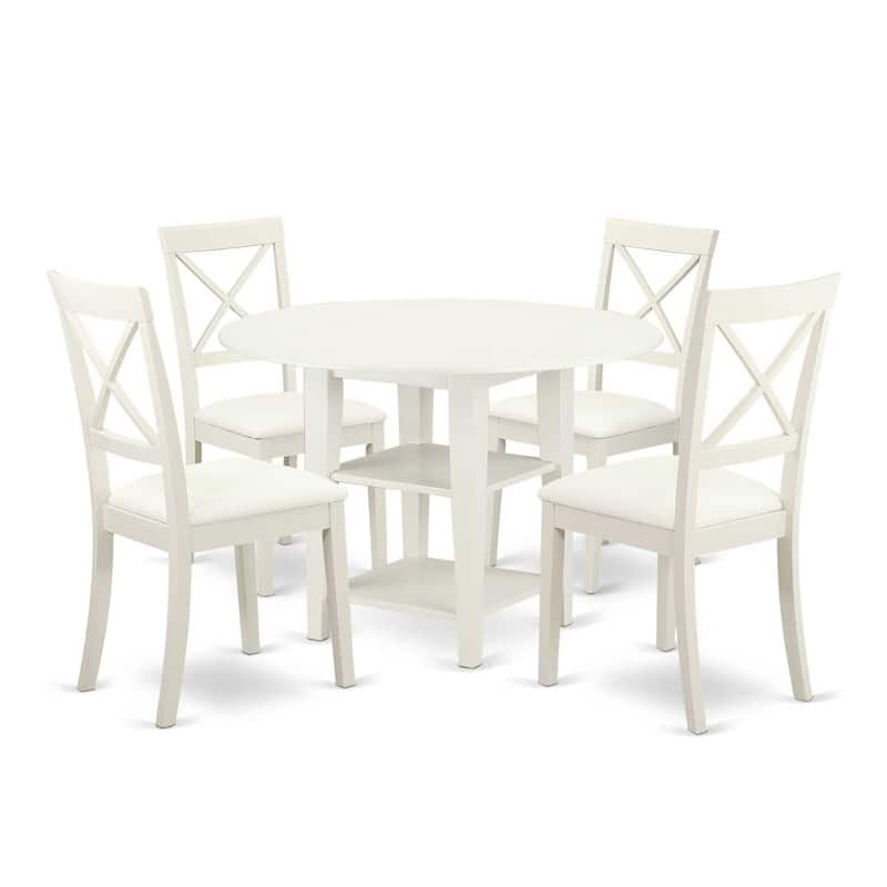 Antique Dinette Set 5 Piece Table & Chairs Linen White Faux Leather Seats Home Kitchen Furniture