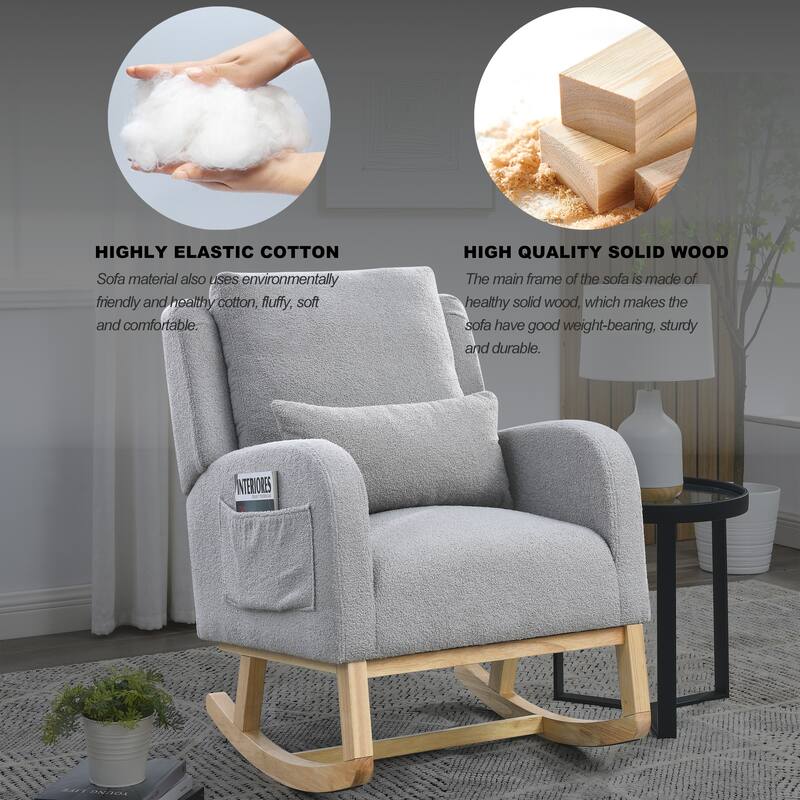Grey Teddy Modern 27.5" High Back Upholstered Rocking Chair with Lumbar Pillow and Two Side Pockets