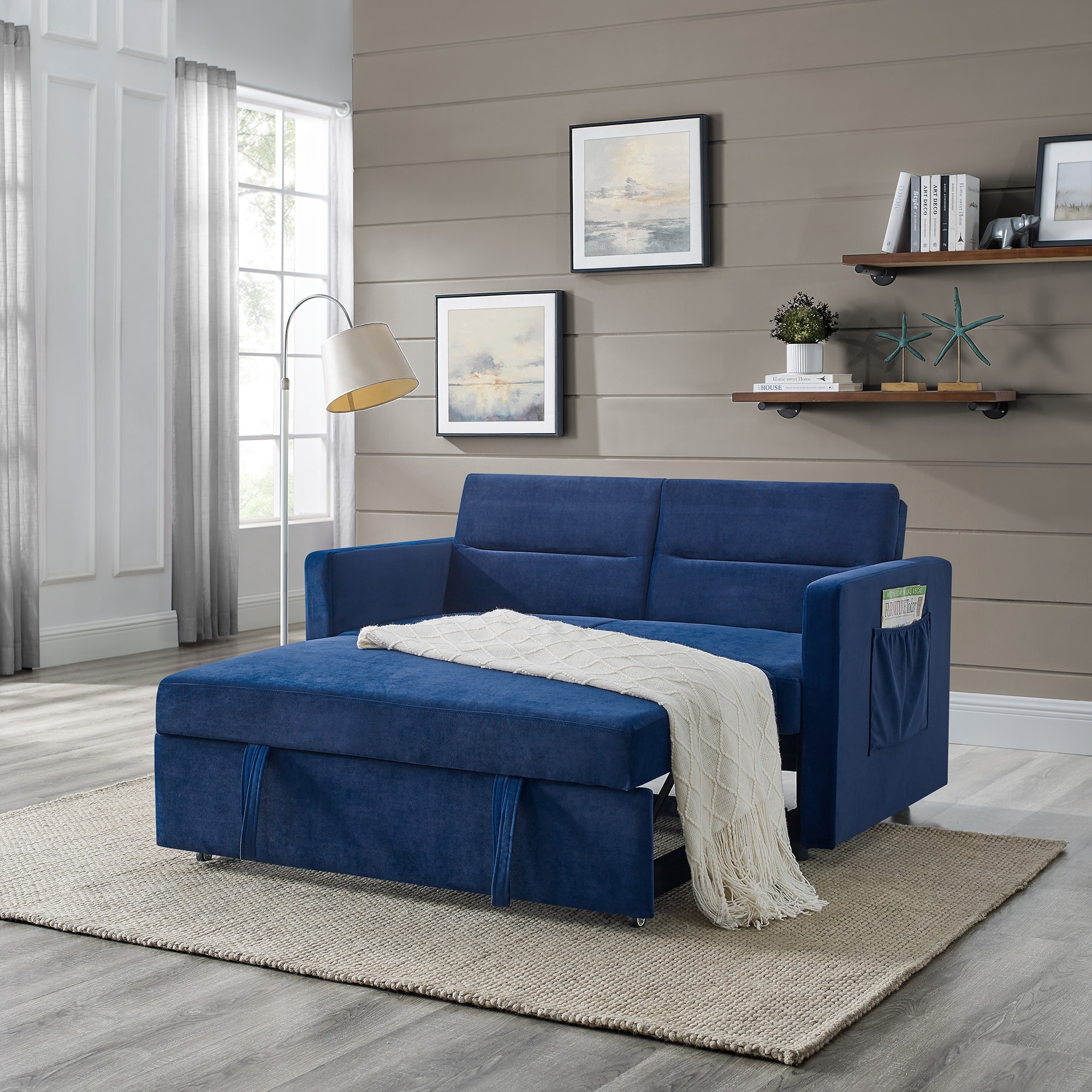Loveseats Sofa Bed Velvet Padded Seat Versatile Pull out Sleeper Sofa with Adjsutable 105° - 180° Back and Two Arm Pocket