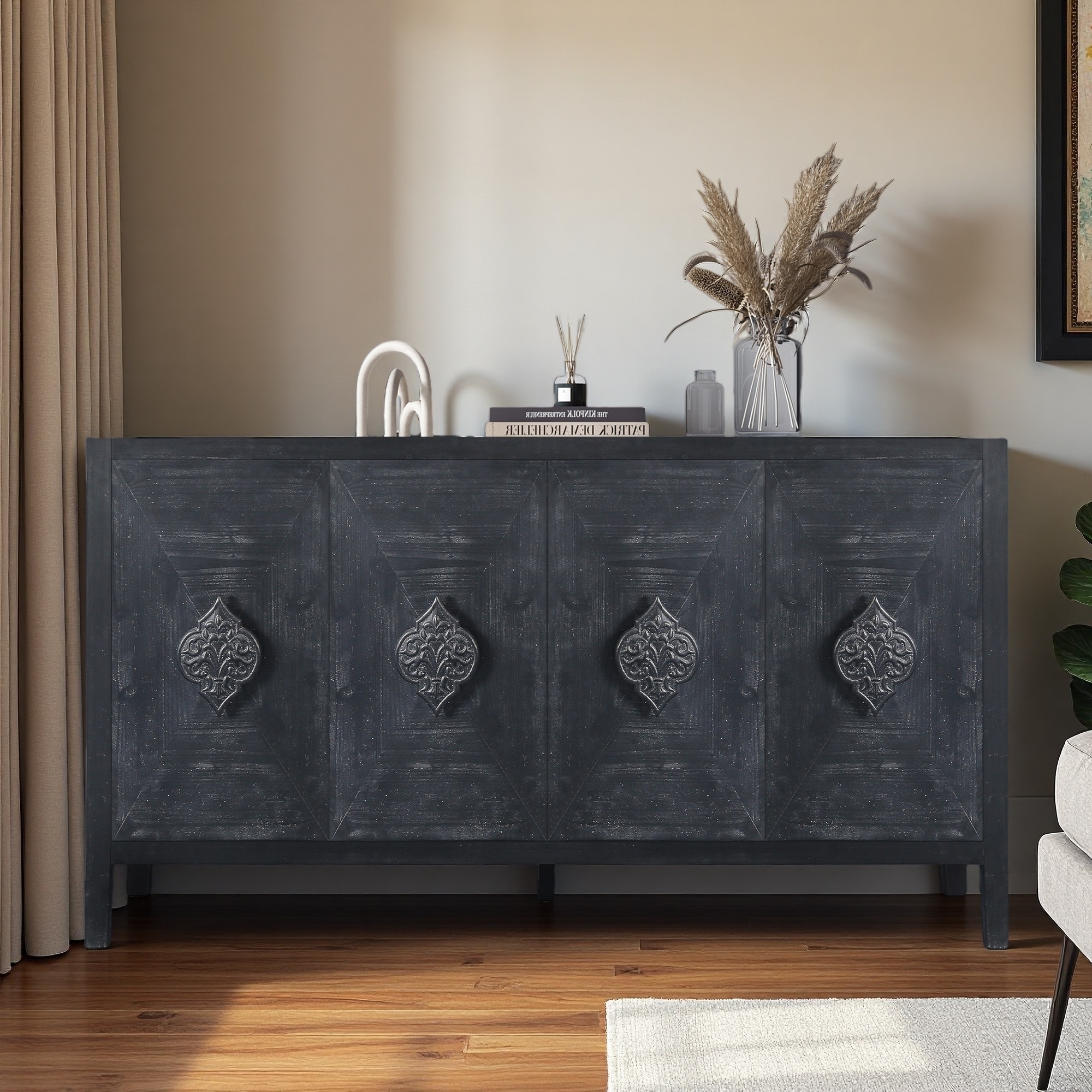 Carved Flower Door Handle Antique 4-Door Cabinet, Storage Sideboard for Living Room, Kitchen, Hallway