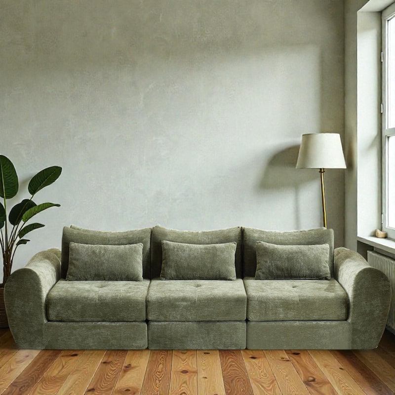 Modular Cloud Sofa, Convertible Folding Sofa Bed, 3-Seat Cushioned Sectional Couch for Living Room Bedroom - Green