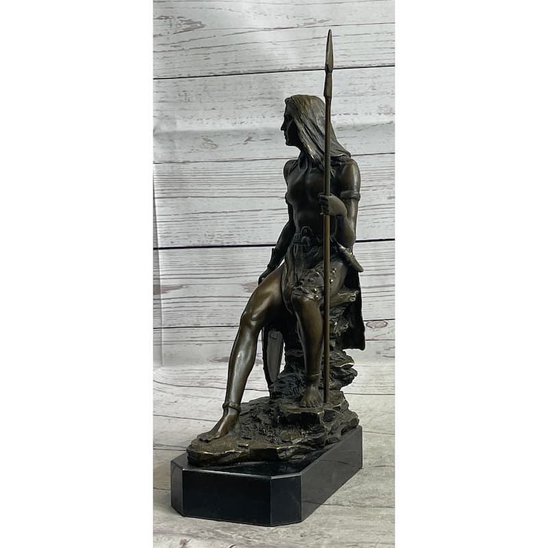 Muscular Warrior Barbarian Soldier W/ Shield Spear Bronze Sculpture Statue Figure Marble Base