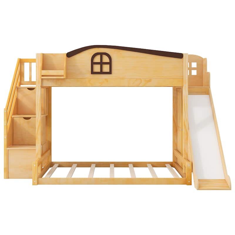 Playhouse-Inspired Twin over Full Bunk Bed with Slide, Storage Staircase & Wardrobe by Harper&Bright Designs
