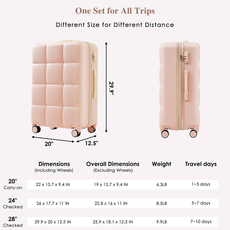 Luggage Set of 3, 20-inch with USB Port and Spinner Wheels