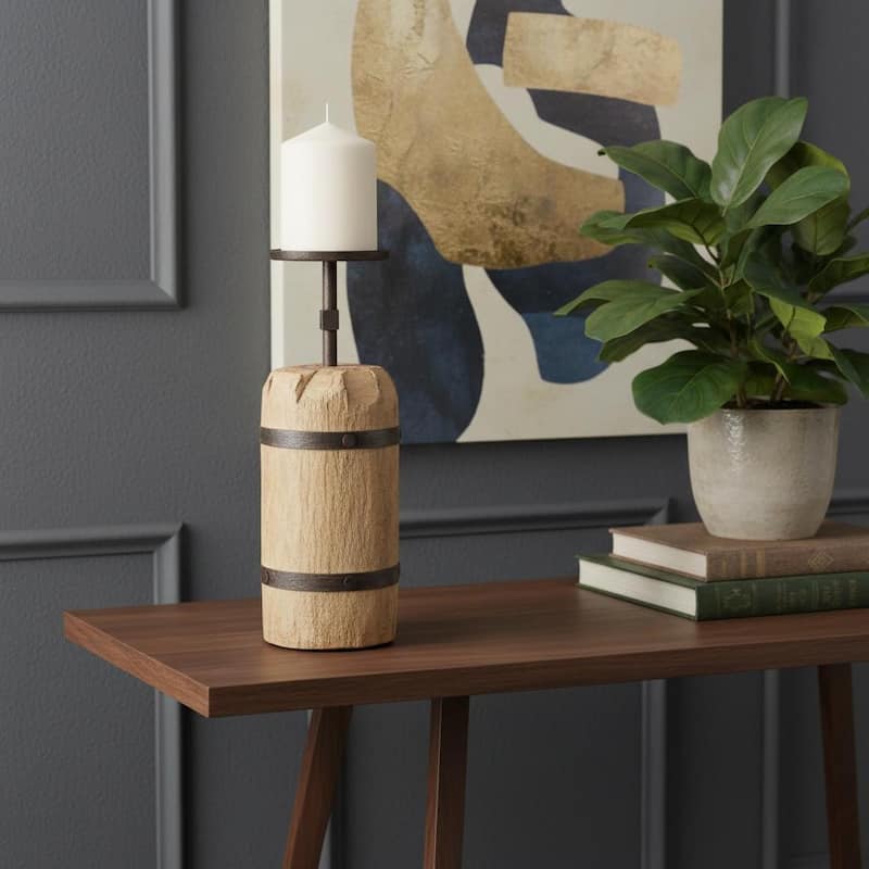 16" Brown Distressed Abstract Solid Wood Tabletop Pillar Candle Holder - Brown