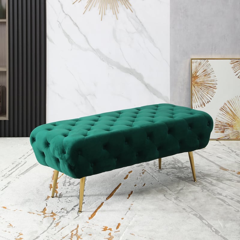 Velvet Button Tufted Bench with Gold Metal Legs, Green