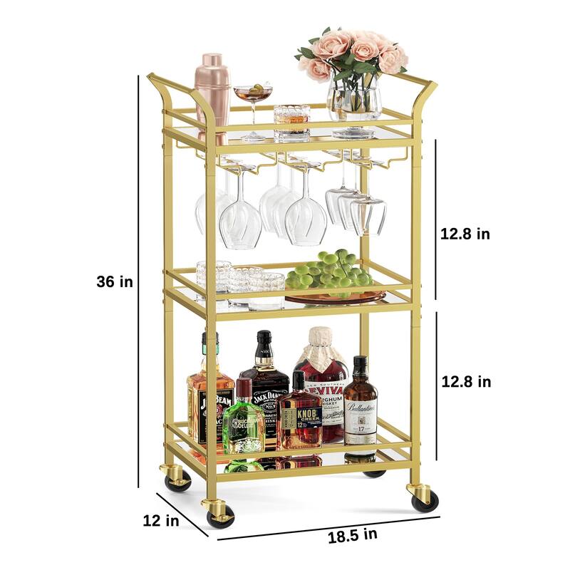 Mini Home Bar Cart with 3-Tier Shelf Wine Holders, and Glass Holders