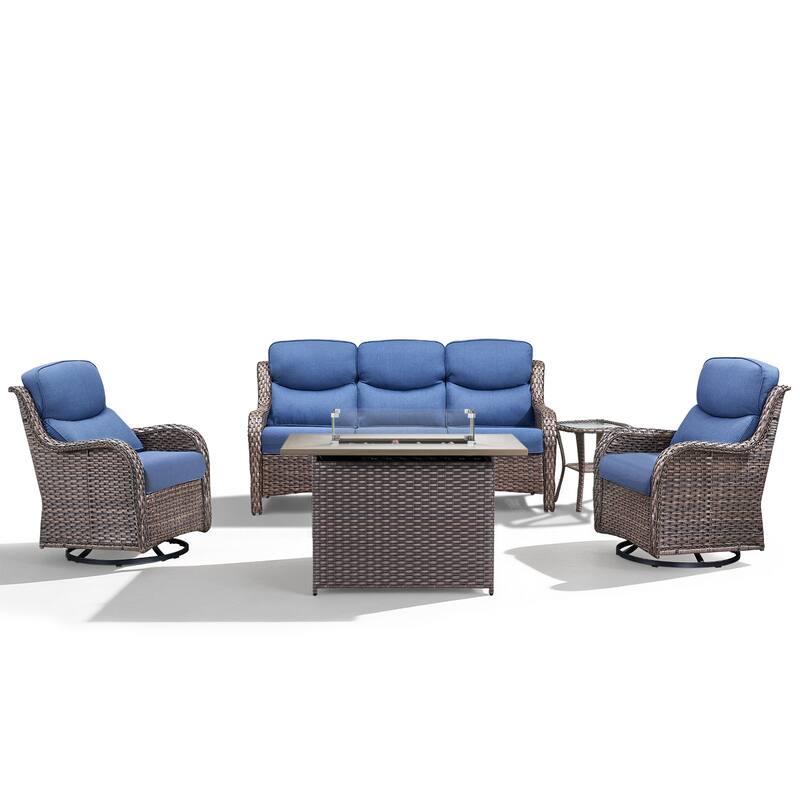 Meyreso 5-Piece Outdoor Patio Wicker Fire Pit Conversation Set with 5-Inch Thick Olefin Cushions